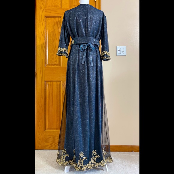 Formal Dress Sizes M & XL Blue Gold Glitter Sparkle Sleeves SULTAN Kaftan Abaya - Picture 11 of 15